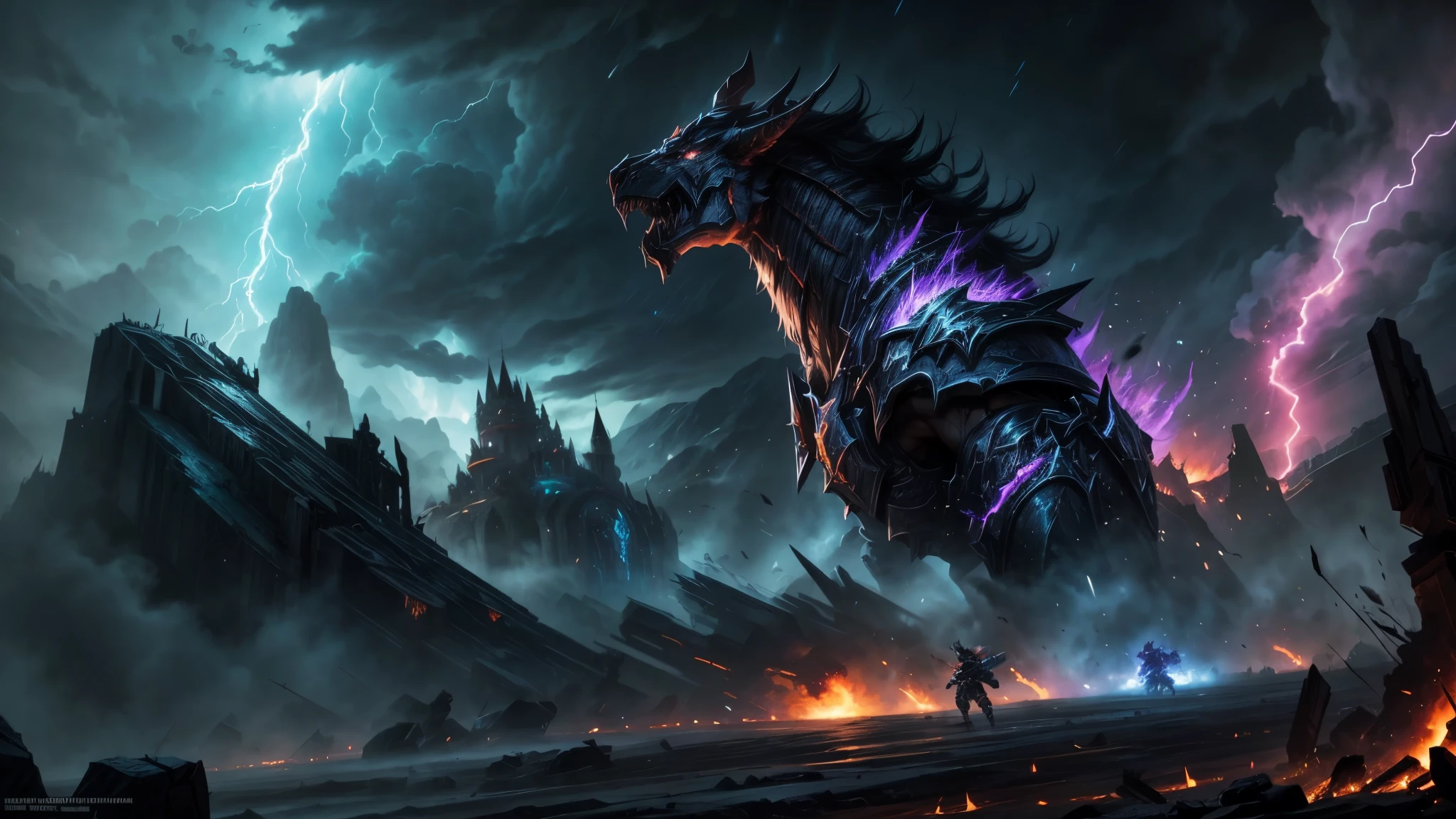 Prompt 2: The Charge into Battle (World of Warcraft Style)
Description: A vast battlefield under a stormy, dark sky with lightning. Heroes inspired by World of Warcraft charge forward, their oversized weapons and armor gleaming with enchanted energy. The battlefield is filled with dramatic details like shattered ruins, broken weapons, and massive banners flapping in the wind. The scene captures the epic scale of WoW battles, with fire and explosions illuminating the chaos, all in a vibrant, exaggerated style. Distant mountains and a fallen fortress create a backdrop that feels straight out of Azeroth.
Style: World of Warcraft, epic, vibrant, stylized, exaggerated, high energy.