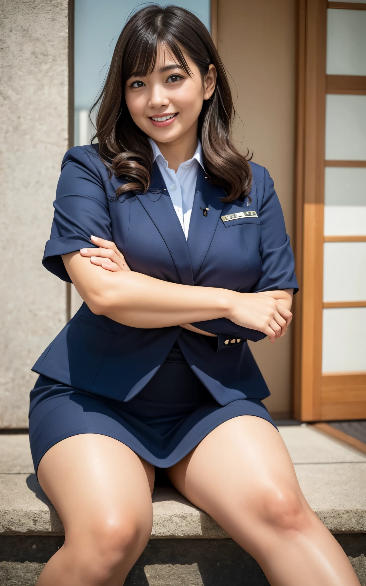 ((Brown Skin, Mature)), (Japan business lady, in navy blue business uniform:1.3, mini skirt), whole body:1.3, chubby shape:0.1, hightquality, ultra high resolution, (Photorealsitic:1.4), Japanese, (Beautiful:1.1), (One Woman:1.5), (45 year old:1.3), (photorealistic photos:1.2), in 8K,  (solo, one person:1.5), A smile, Behind the photo, Bangs straight, A big smile, wavy hair, Thick thighs,Sitting, Urban area, 