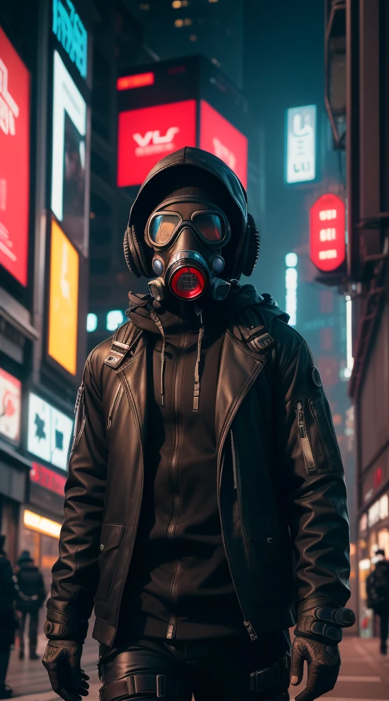 arafed Man wearing a gas mask and goggles in a city, futuristic gas mask, photograph of a techwear man, hyper-realistic cyberpunk style, cyberpunk techwear, futuristic techwear, has cyberpunk style, she wear gasmask, gas mask, cyberpunk look, cyberpunk style , hyperrealistic, wojtek fus, she wear red eyed gasmask, style of cyberpunk
