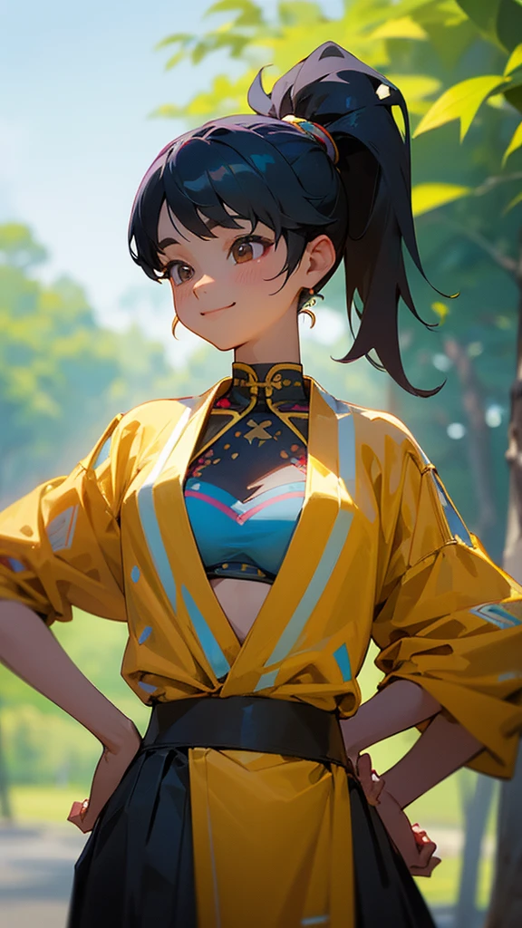 1 person、Sharp focus、(Bokeh) (Highest quality) (Detailed skin:1.3) (Intricate details) (anime)、Black Hair、Side Ponytail、18-year-old、(Keep your hands on your hips)、chest、Slim figure、bikini、A pareo skirt with bold ethnic patterns and plenty of primary colors、Realistic Skin、Glowing Skin, Sunburned skin、Upper body close-up、Side body、smile、smile、Park in the background、Soft lighting