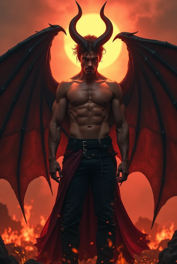 Attractive man with wings and horns in hell