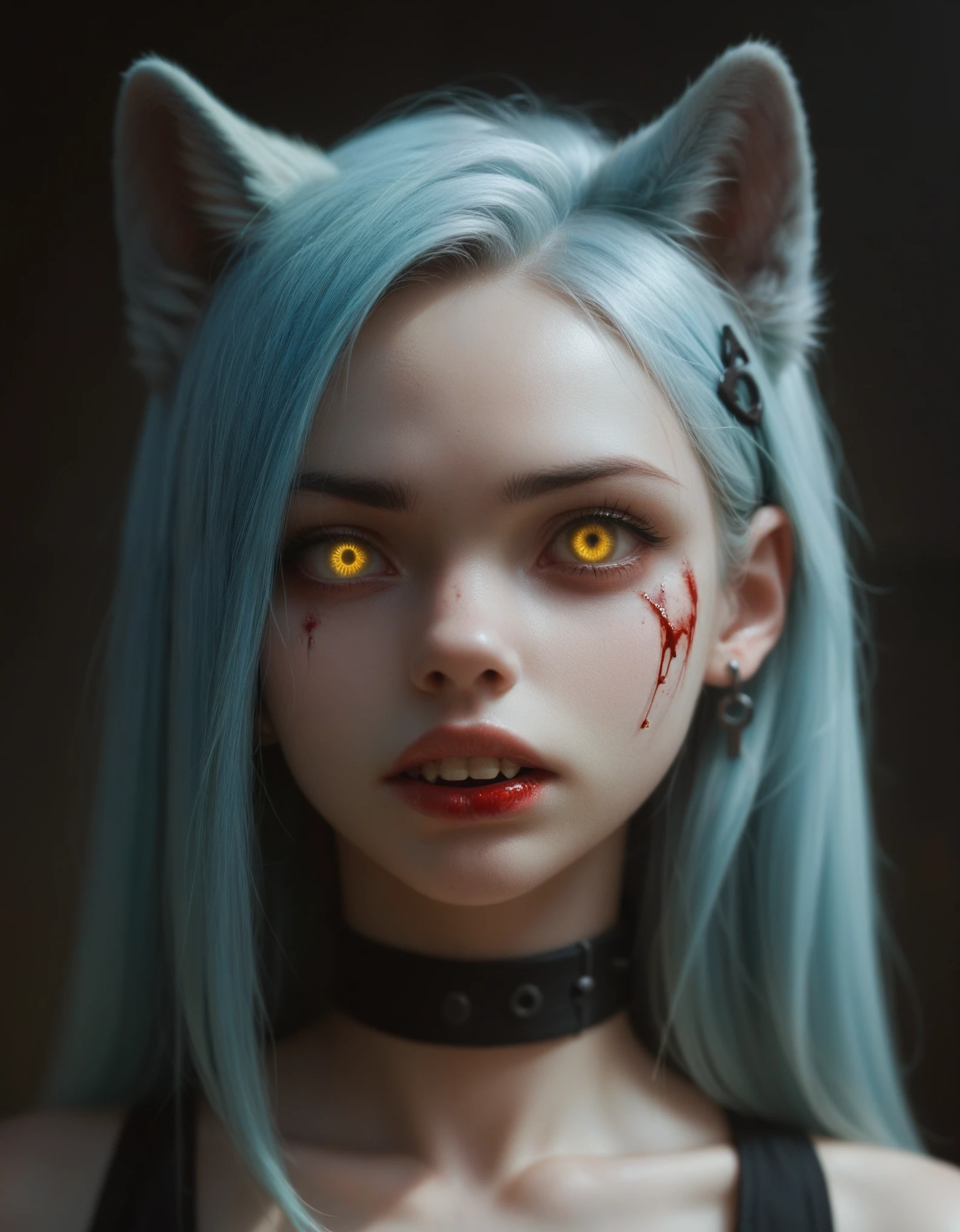 Digital illustration featuring a young woman with pale skin, light green eyes, and long, light blue hair adorned with black hairpins. She has a nose ring and multiple ear piercings, and her face is marked with blood streaks. The background is dark, and she is accompanied by a menacing black wolf with glowing yellow eyes and sharp, exaggerated teeth. The wolf's head is positioned close to her, creating a sense of eerie companionship. The overall style is dark and gothic, with a focus on contrast and dramatic lighting. In the bottom left corner, the text "ArtVision1999" is emblazoned in a bold, blood-red font, adding an extra layer of mystery to the ominous scene.