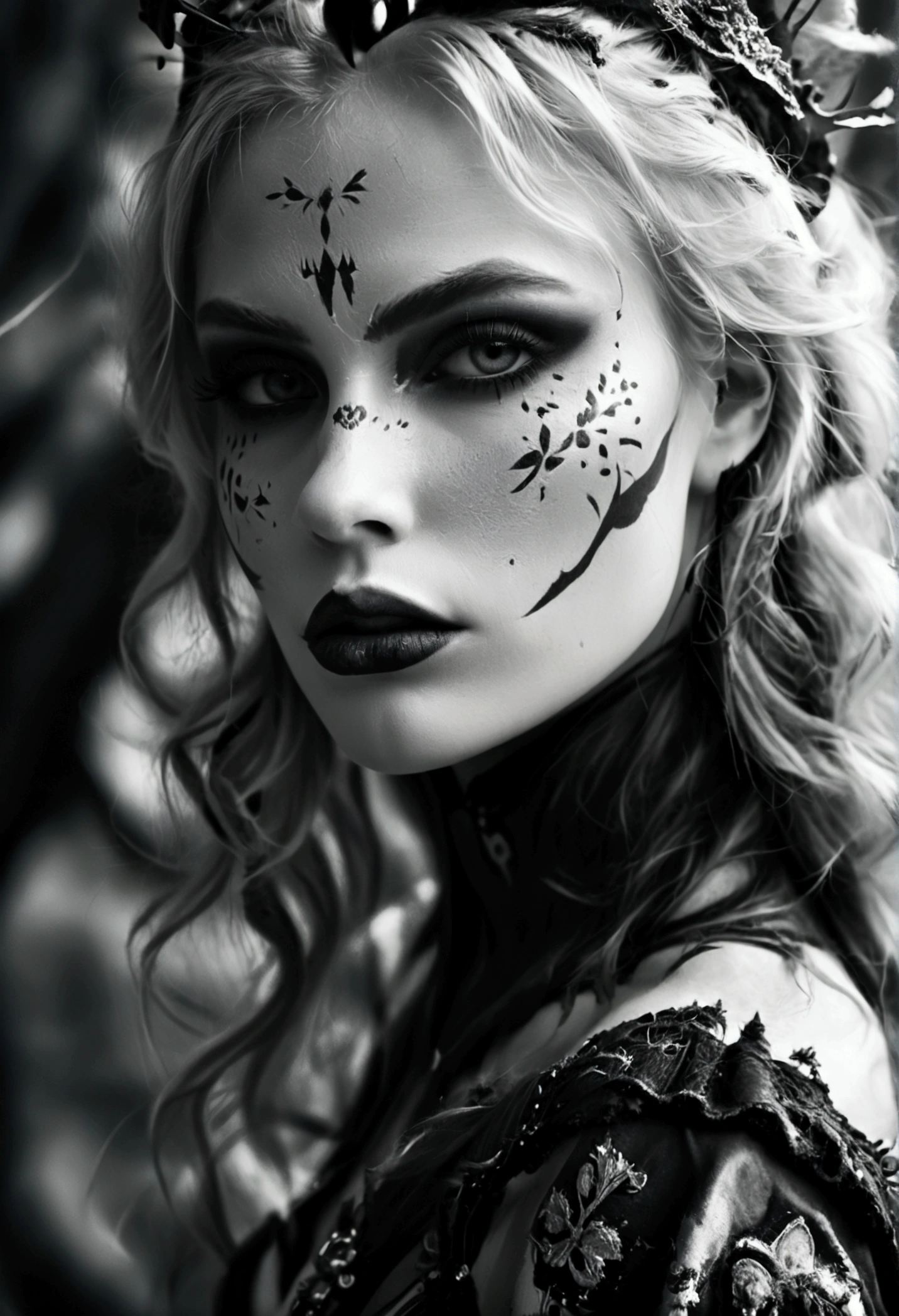 Create an image of a stunningly gorgeous beautiful sexy Scandinavian beauty, stunningly gorgeous beautiful perfect sexy face, large breast, slim waist, sexy hips, long dutch hair, fantasy clothes, war makeup, war face paint, black and white no color,