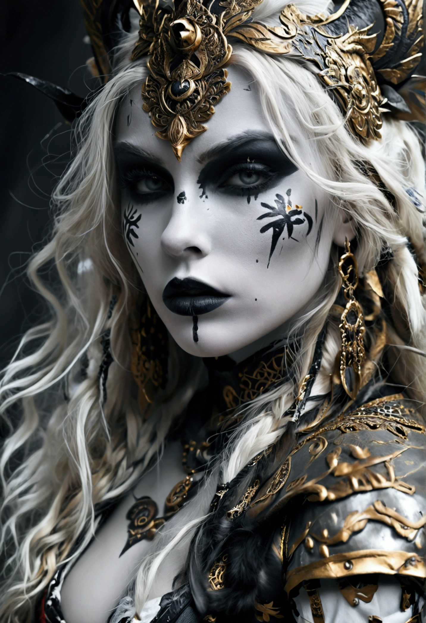 Create an image of a stunningly gorgeous beautiful sexy Scandinavian beauty, stunningly gorgeous beautiful perfect sexy face, large breast, slim waist, sexy hips, long dutch hair, fantasy clothes, war makeup, war face paint, black and white no color,