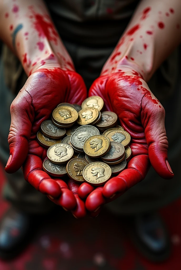 Hands dirty with red paint holding many coins with Cesar&#39;s face