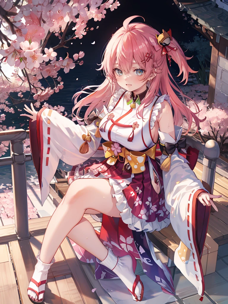 Fisheye Lens、Plump thighs、Super huge breasts、カメラeye線、hand足、Full body description、masterpiece, Highest quality, High resolution, Shrine maiden1, cherry blossoms_Shrine maiden, One person, big_tits, alone, Ahoge, Vatu_hair_ornament, pink_hair, Floral print, hairclip,(~ side_fewer_Clothes:1.5), (~ side_tits:1.5), hair_Bell, Floral print, length_hair, hair between eye, one ~ side up, White knee socks, asymmetrical footwear, wide sleeve, Open_mouth,(Happy:1.3),green_eye,big_smile,(rise_foot:1.3),Plump,Away_foots,(excessively_length_sleeve:1.3),),sleeve_past_hand首,hand_hidden_sleeve,~ sidelock_Clothes,dynamic_Pause,alone,hidden_hand首,(LOL:1.4),Covered_Nipples,sunlight,Cherry Blossom_background,Sweat it out、