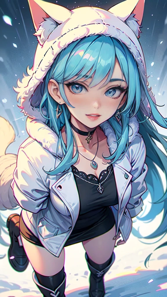 Masterpiece, beautiful art, professional artist, 8k, art style by sciamano240, very detailed face, very detailed hair, very detailed clothes, 1girl, perfectly drawn body, beautiful face, long hair, light blue hair , very detailed blue vertical cat eyes, square glasses, pouty lips , rosey cheeks, intricate details in eyes, extreme close up of face, see only head and neck, staring directly at viewer, wearing cute winter clothes, winter coat, necklace, choker, earrings, gloves, pencil skirt, black tigh boots, some freckles, big wide grin, in love with the viewer expression, sunny winter setting, walking outside,