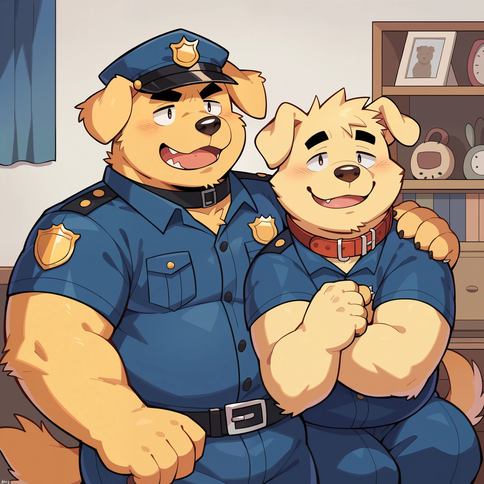 Scribble Golden Retriever face,Humanity(Golden Retriever),Chubby,(Black eyebrows:1.1),(Perfect eyes),Golden fur，（artist:Takemoto Arashi），Living room background，（Collar:1.3），paw，（black beard:1.3），（Police Uniform:1.3），（Police hat:1.3）