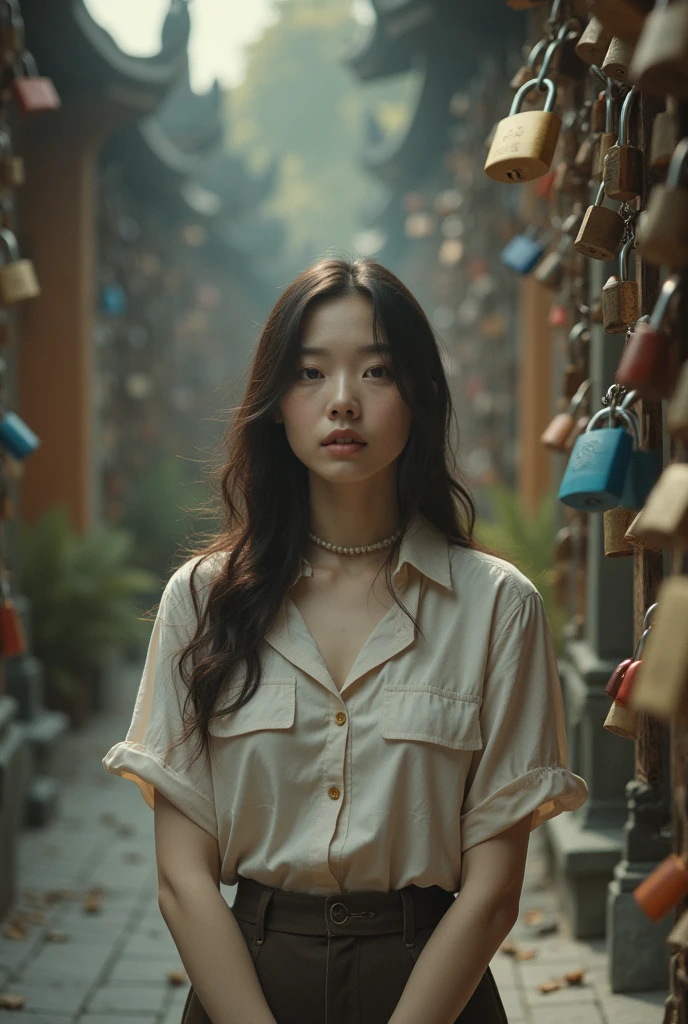 Create a photo with padlocks, a woman and something Buddhist