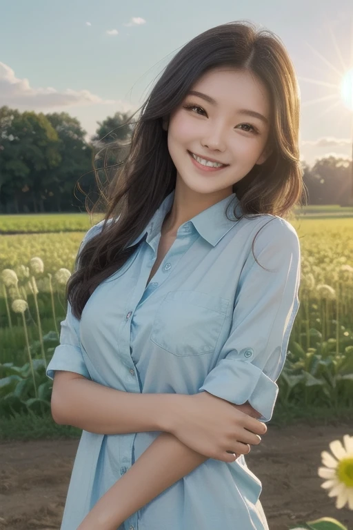 (zh-CN) Farmland, Morning dew, leisurely flowering dandelions, (1 beautiful girl), big smiling face under the bright sun, in light cotton clothes, blue shirt, Kind and natural,Girl with a slender body,Thin beautiful girl,slightly tanned skin,It's hot so I'm wearing light clothing.,Too beautiful girl,(Flat Chest),A date at an amusement park with playground equipment for children,Beautiful nipples,A beautiful girl with a slim figure,