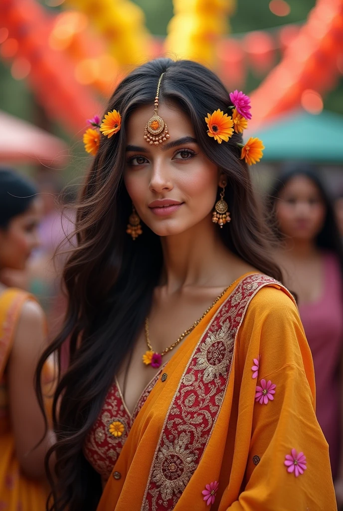 A captivating photograph of an Indian-style model with a natural beauty, wearing a vibrant and intricately designed jens aur Top Her hair is adorned with bikhre huwe hai , sports that enhances her elegance. The background is a colorful, environment with decorative elements and a lively atmosphere. The overall feel of the image is joyous and celebratory, showcasing the rich cultural heritage of India