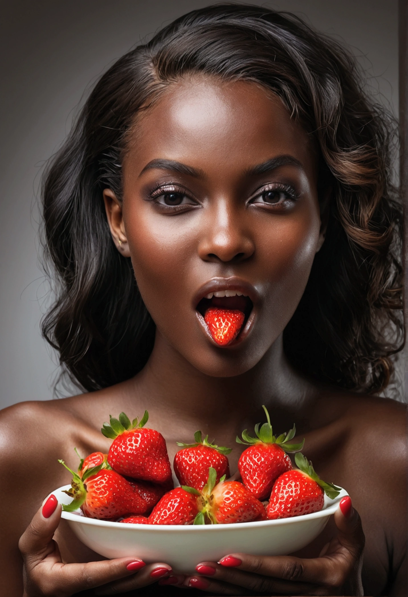 Beautiful woman with dark skin without clothes eating strawberries