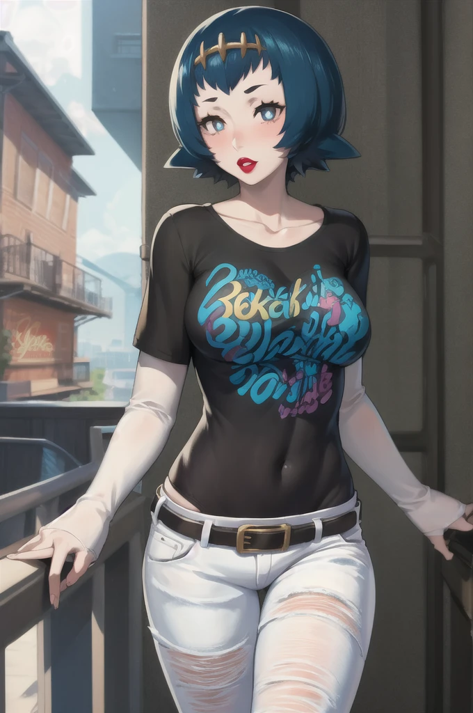 masterpiece, best quality, pkmnLana, white pupils, 1girl, solo, standing, black t-shirt, white shirt, blue jeans, belt, lipstick, large breasts, layered sleeves