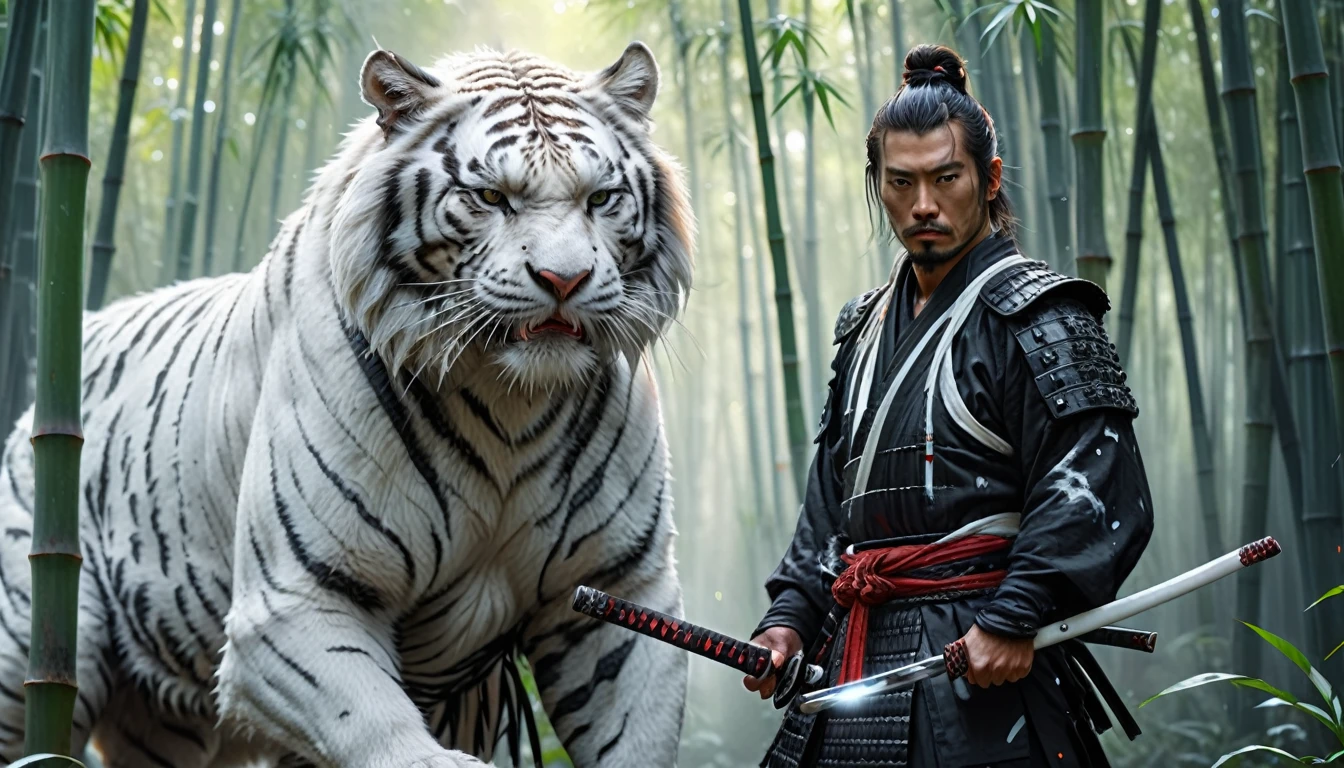 Realistic oil painting, samurai dressed in black holding a shining magical katana standing next to his raging white tiger in the middle of a white bamboo forest, ultra HD, 8k, insane details, 