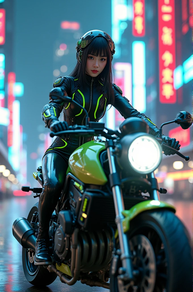 rompts Copy prompts Maximum image quality, outstanding details, ultra high resolution, (Realism: 1.4), the best illustration, favor details, 1 very condensed girl, with a delicate and beautiful face, dressed in a black and green wick, wearing a mecha helmet, holding a directional controller, ride a motorcycle, the background is a high-tech lighting scene of the city of the future.