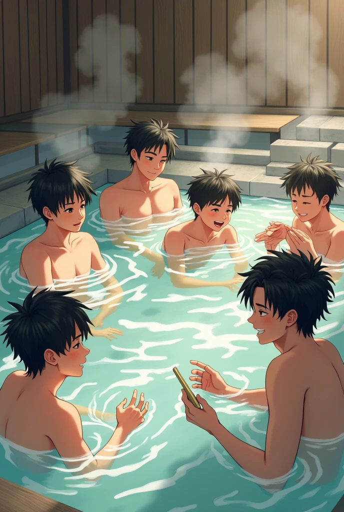 A high school boy taking a bath with his friends