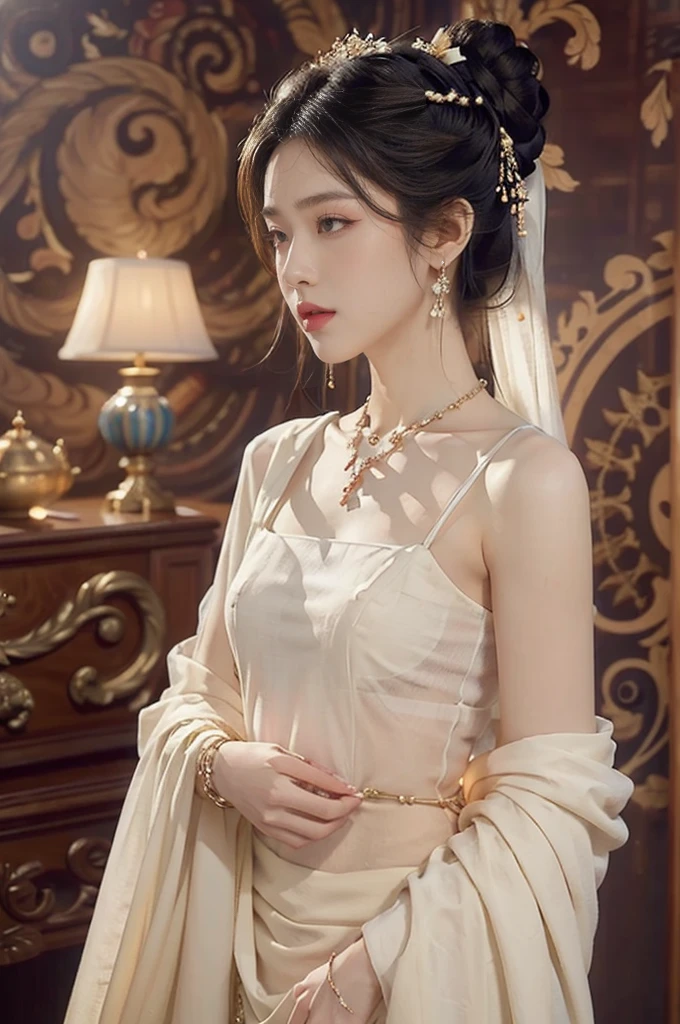 (((best quality))),(((ultra detailed))),(((masterpiece))),illustration,((1 beautiful girl,solo)),((earrings,necklace)),((slim,thin)),((small breasts,flat chest)), (white traditional sheer attire:1.3), real-life television style, Dunhuang culture, graceful beauty, ethereal lighting effects, intricate updo, soft rounded cheeks, captivating gaze, vibrant murals, dance-like mural, swirl of light, stardust, enchanting ambiance,((from front,upper body))