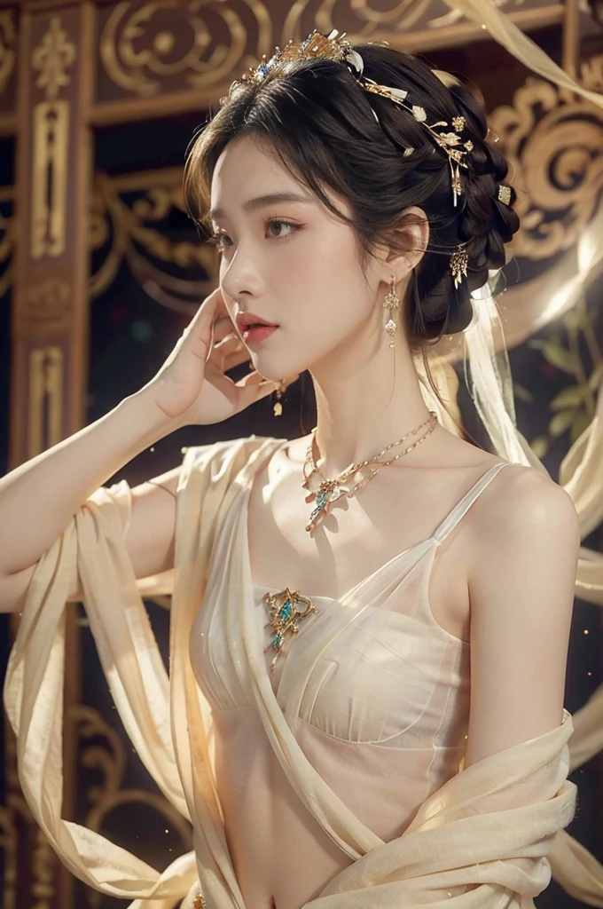 (((best quality))),(((ultra detailed))),(((masterpiece))),illustration,((1 beautiful girl,solo)),((earrings,necklace)),((slim,thin)),((small breasts,flat chest)), (white traditional sheer attire:1.3), real-life television style, Dunhuang culture, graceful beauty, ethereal lighting effects, intricate updo, soft rounded cheeks, captivating gaze, vibrant murals, dance-like mural, swirl of light, stardust, enchanting ambiance,((from front,upper body))
