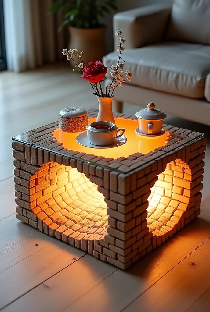 Small square coffee table handcrafted, featuring a reflective glass top that creates a visual effect of a stunning tunnel-like interior, lit from the inside by warm white LED lighting.. The sides are covered with brick wallpaper that simulates the look of 3D textured wallpaper.. The table is decorated with simple decorations such as small flowers, a cake and accessories containing a red rose and a cup of tea. . The table is placed on a light-colored wooden floor.. The table design combines simplicity and elegance with a touch of modernity, making it a distinctive piece of art in any room or living room.