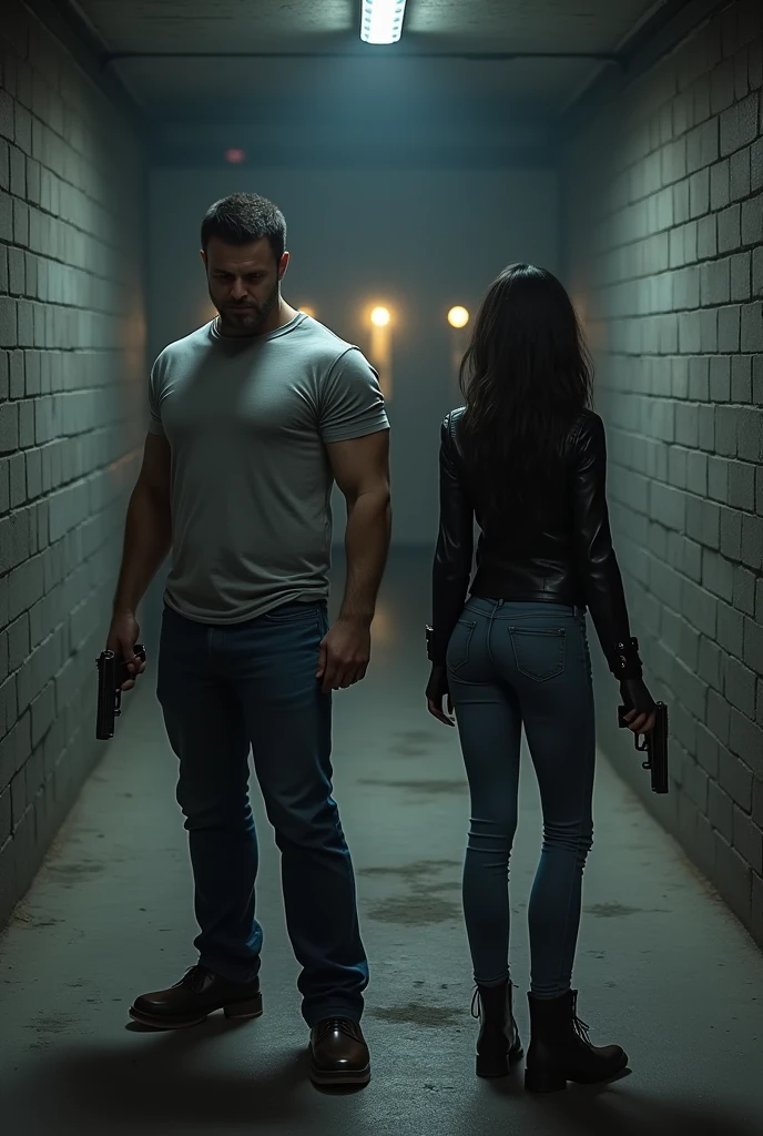 Large, poorly lit shooting range, with gray brick walls, with several distant targets ahead. There are 2 people side by side, a very strong man in a gray t-shirt, jeans holding a pistol in his right hand and a thin woman with long black hair in a black jacket and jeans holding a pistol in her left hand, both pointing their guns at the targets.
