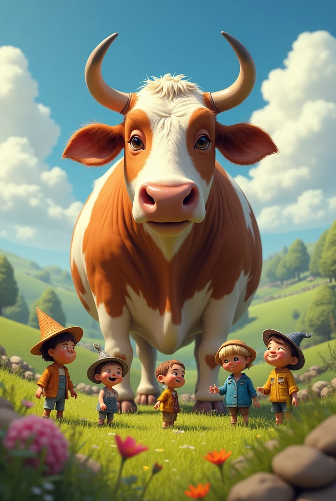 Create a picture of little people next to a cow