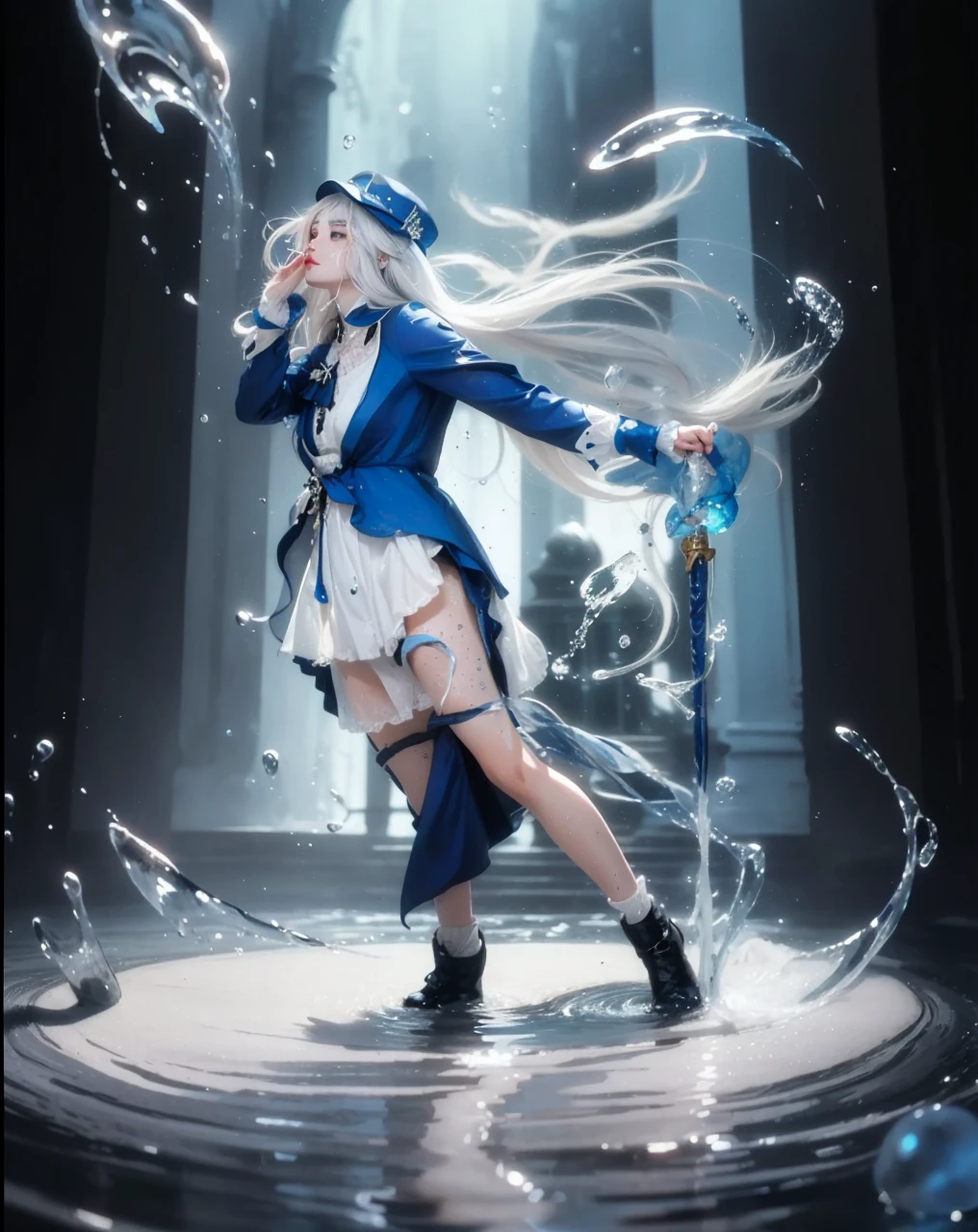 ( FURINA_GENSHIN IMPACT),((realistic, photorealistic)),(highlight hair)), Light reflection, (( HD )),((upper body)), (((best quality, masterpiece))), (masterpiece) (best quality) (detail) (8k) (HDR) (wallpaper) (cinematic lighting) (sharp focuasterpiece, best quality: 1.1), Real life adaption of this character, realistic outfit, realistic shadow, realistic light, realism, hyper realistic, realistic background,realistic hair,(photorealistic:1.2), (masterpiece: 1.2), (best quality: 1.3), (clear details: 1.3), ((((ultra-detailed)))), ((detailed eyes)), (extremely detailed face:1.4), (highly detailed eyelash:1.6), Ada_re4, (sitting),(beautiful face:1.5), (Masterpiece, Top Quality: 1.2), masterpiece, best quality, highrens, 4k resolution, minimalism, 1 girl,solo, , Furina, blue style, nature, cute eyes, ornament hair, white hair, blue dress, hat, blushing, hands up, Water reflection, spotlight, water element stick, floating water, splash water, Long white hair floating, glow effect,Head position looking up,