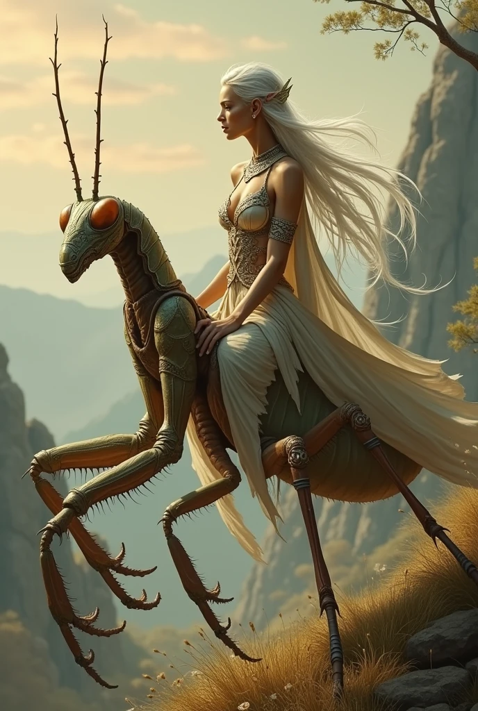 Create a silver-haired elf woman who rides a giant praying mantis on the grounds of Panguea.