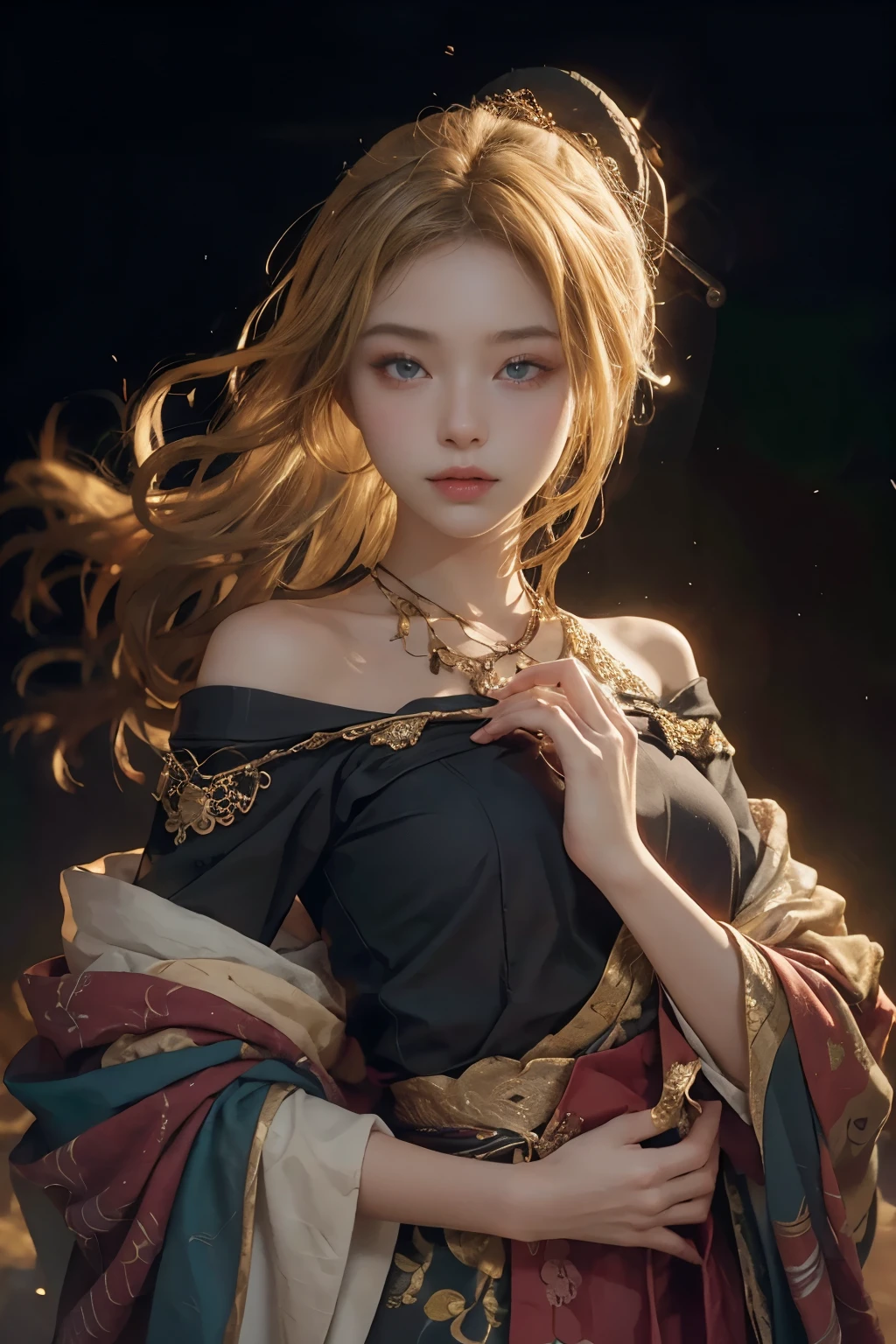 best quarity,Meisterwerk,super high res,(lifelike:1.4),Raw photo,1 Girl,blonde Hair,deep blueeyes,Detailed eyes and face,black business suit,Dynamic Lighting,in dark,Deep Shadow,OFFICIAL ART,Unity 8k wallpaper,hyper detailed,Beauty and aesthetics,ish high quality,beutiful,Meisterwerk,the best quality t,(zentangle,a Mandala,Tangles,Entanglement:0.6),elegance,Japanese shrine costumes,Streamers fly,Meisterwerk,best quarity,still from a movie,Floating in the sky,mingliang,joyful,Warm and soft lighting,Sundown,majestic,(Meisterwerk),Shoulders exposed skin,Small breasts,Small breasts,Flat Bust,sidebrilliance,Beautiful nipples,(Delicate and beautiful eyes:1.2 )