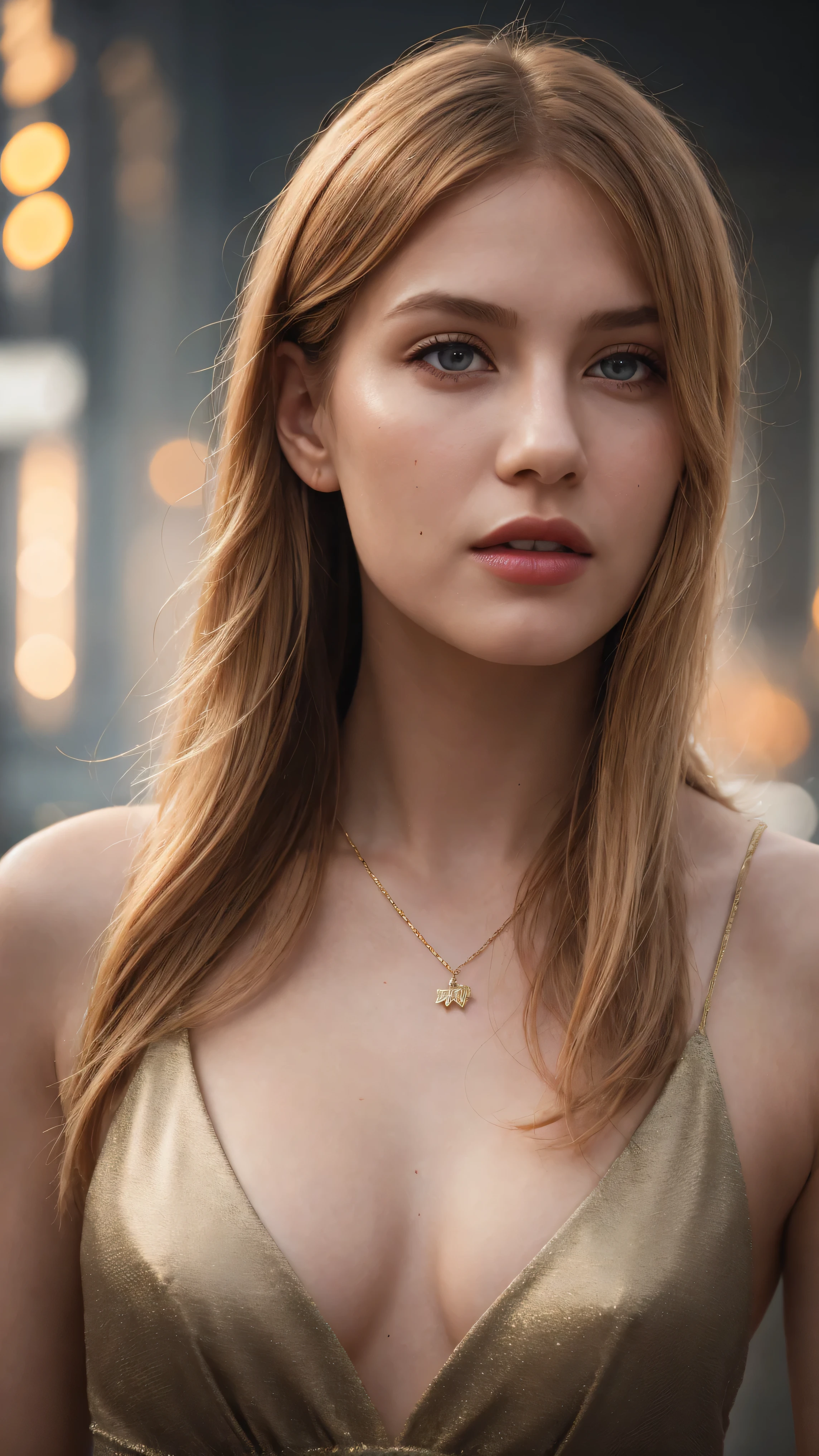 a woman with red hair, hyper-realistic skin, shiny/glossy, modern jewelry, gongbi, portraiture, dark teal and light gold, tropical landscapes, Face portrait photo oF a 21 Year-old German woman, .raw, beautiFul woman, half strawberry lips, strawberry lipstick, Fossettes, big breast, realistic legs, high heels, nostalgic look, light brown eyes, great student, thin eyelashes, (Brown extra long blond hair), ((detailed Face)), ((detailed Facial Features and skin texture)), (Finely detailed skin), pink and light brown skin, (Deep neckline detailing high-tech cyberpunk dress), Cyberpunk big city environment, (cold colors), moist, moist, reFlections, (masterpiece) (height ratio / perfect width) (photo realist) (best quality) (detailed) Shot with Canon EOS R5, ObjectiF 50mm, F/2.8, human development report, (8k) (wallpaper) (light) (Dramatic Light) (sharp focus) (complicated), sharp details, skin detail sharpness,