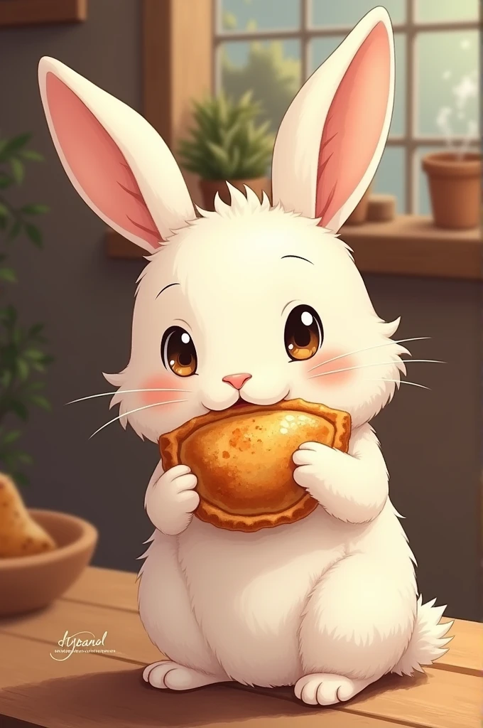 Rabbit eating empanada
