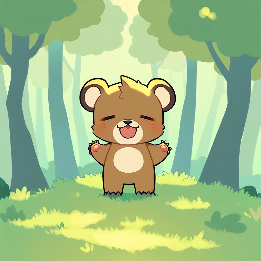 score_9, score_8_up, score_7_up, rating_explicit, source_anime, the adventure of a brown bear boy, forest, chibi, green pastel colors, monster boy, join the party