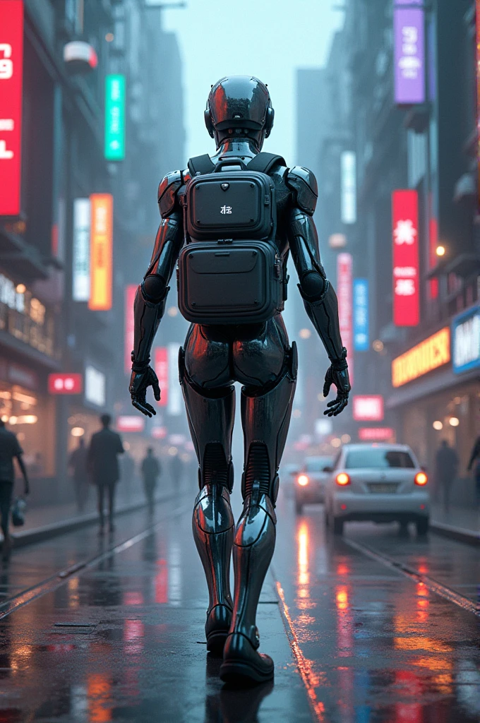 humanoid android,Cyberpunk with a delivery boy backpack