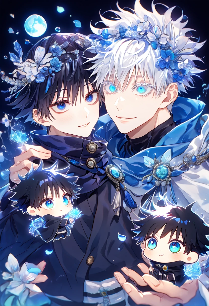absurdres, highres, ultra detailed, HDR, master piece, Gojou Satoru chibi, white hair with bangs, white eyelashes, expressive blue eyes, Fushiguro Megumi chibi, black hair, expressive blue eyes, expressive blue eyes, Jujutsu Kaisen, magical hat, cute, best quality, blue moon, flowers, fantasy, magical, two boys hugging, yaoi, gay couple, water, blue shining fireflies, blue petals, cape, smiling