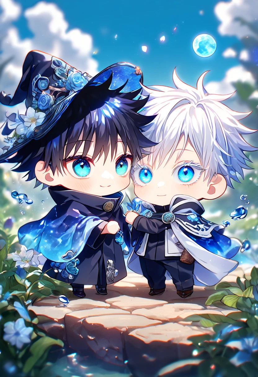 absurdres, highres, ultra detailed, HDR, master piece, Gojou Satoru chibi, white hair with bangs, white eyelashes, expressive blue eyes, Fushiguro Megumi chibi, black hair, expressive blue eyes, expressive blue eyes, Jujutsu Kaisen, magical hat, cute, best quality, blue moon, flowers, fantasy, magical, two boys hugging, yaoi, gay couple, water, blue shining fireflies, blue petals, cape, smiling