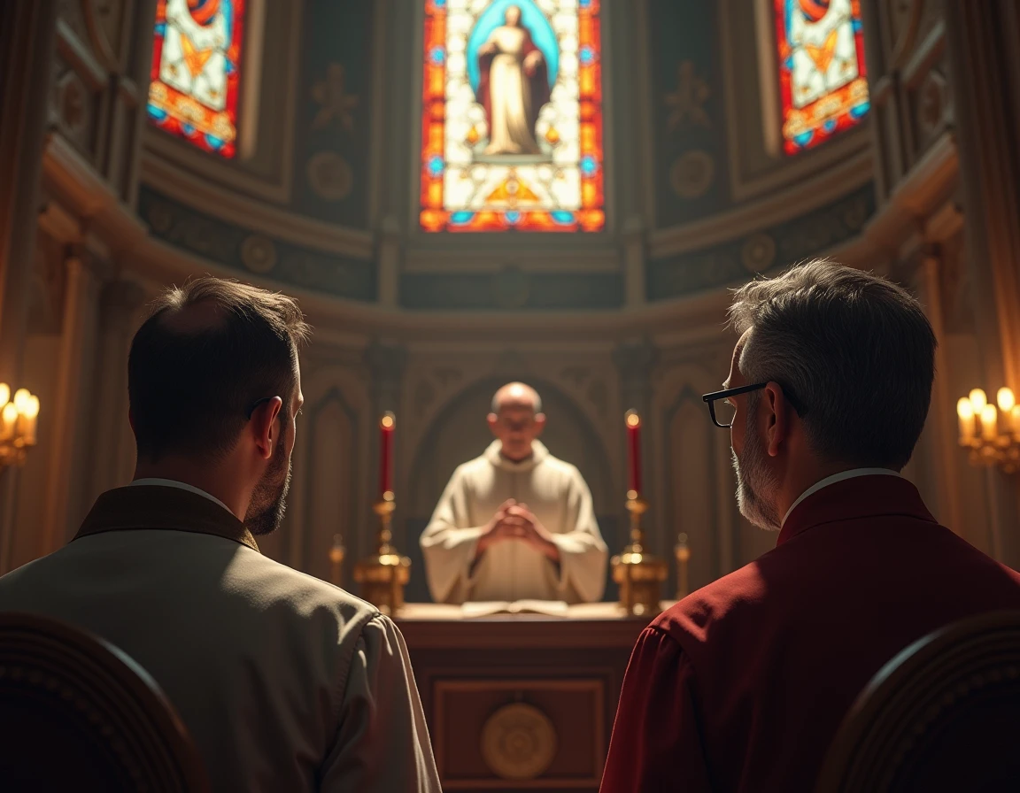 The two men looking at the priest in the church