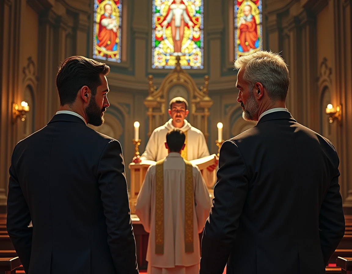 The two men looking at the priest in the church