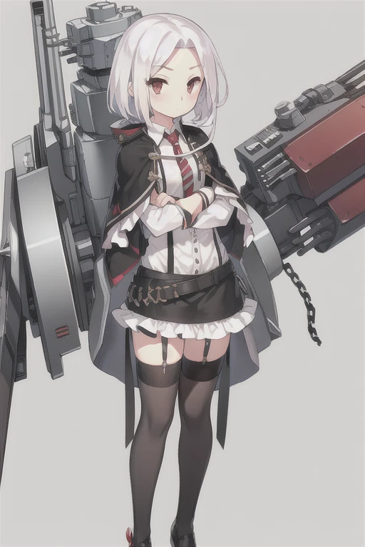 Vittorio_Veneto \(warship girls r\),((masterpiece)),(((best quality))),((ultra-detailed)),((illustration)),((disheveled hair)),((frills)),(1 girl),(solo),1girl,belt,black legwear,black skirt,blush,buttons,cannon,capelet,chain,closed mouth,collared shirt,crossed arms,dress shirt,garter straps,gloves,gradient,grey legwear,jacket,short hair,looking at viewer,machinery,miniskirt,multicolored clothes,necktie,pencil skirt,red eyes,rigging,shirt,shoes,skirt,solo,standing,striped necktie,thighhighs,turret,white hair,white shirt,