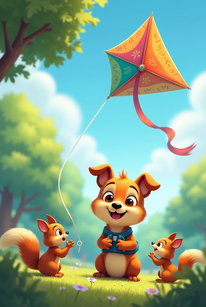 The same dog talking to some squirrels while flying a kite