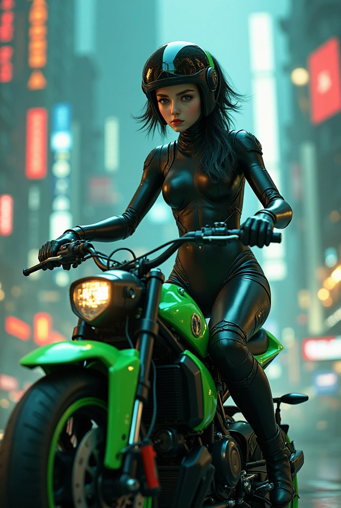 rompts Copy prompts Maximum image quality, outstanding details, ultra high resolution, (Realism: 1.4), the best illustration, favor details, 1 very condensed girl, with a delicate and beautiful face, dressed in a black and green wick, wearing a mecha helmet, holding a directional controller, ride a motorcycle, the background is a high-tech lighting scene of the city of the future. unclothed