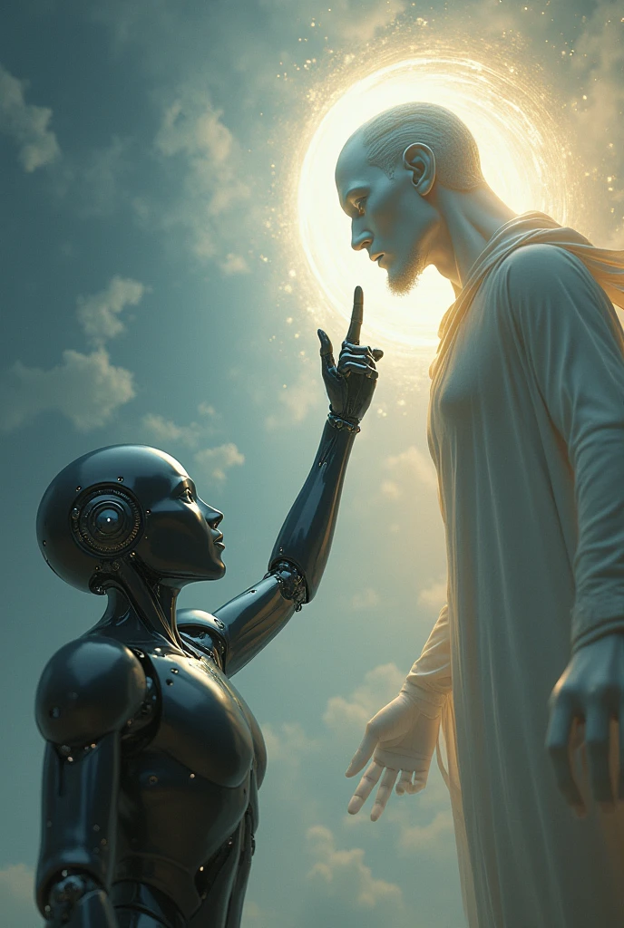 creation of adam painting, android touching gods finger, 8k wallpaper, photograph, android reaching up to god, god at top right of  photo, fingers touching, no extra arms, god and android reaching out to eachother