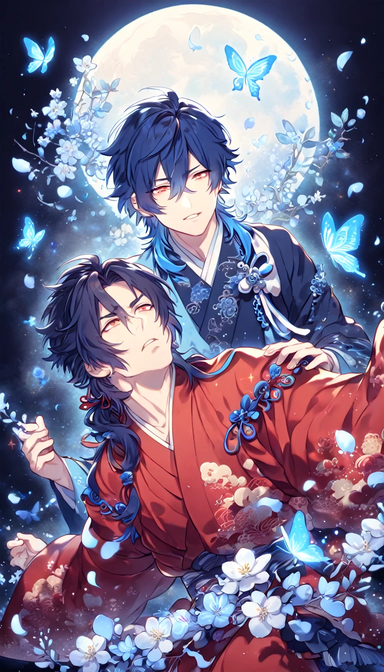 absurdres, highres, ultra detailed, HDR, master piece, best quality, extremely detailed, Koujaku, dark navy hair that is short and a little chopped at the top, has a thick fringe over the right side of his face and keeps the rest tied, expressive red eyes, Dramatical Murder, Seragaki Aoba, blue hair, expressive yellow eyes, two sexy men together, yaoi, gay couple, handsome, manly man, red kimono with patterns, fantasy, magical, blue moon, blue flowers, blue butterflies, blue petals, blossoms, water