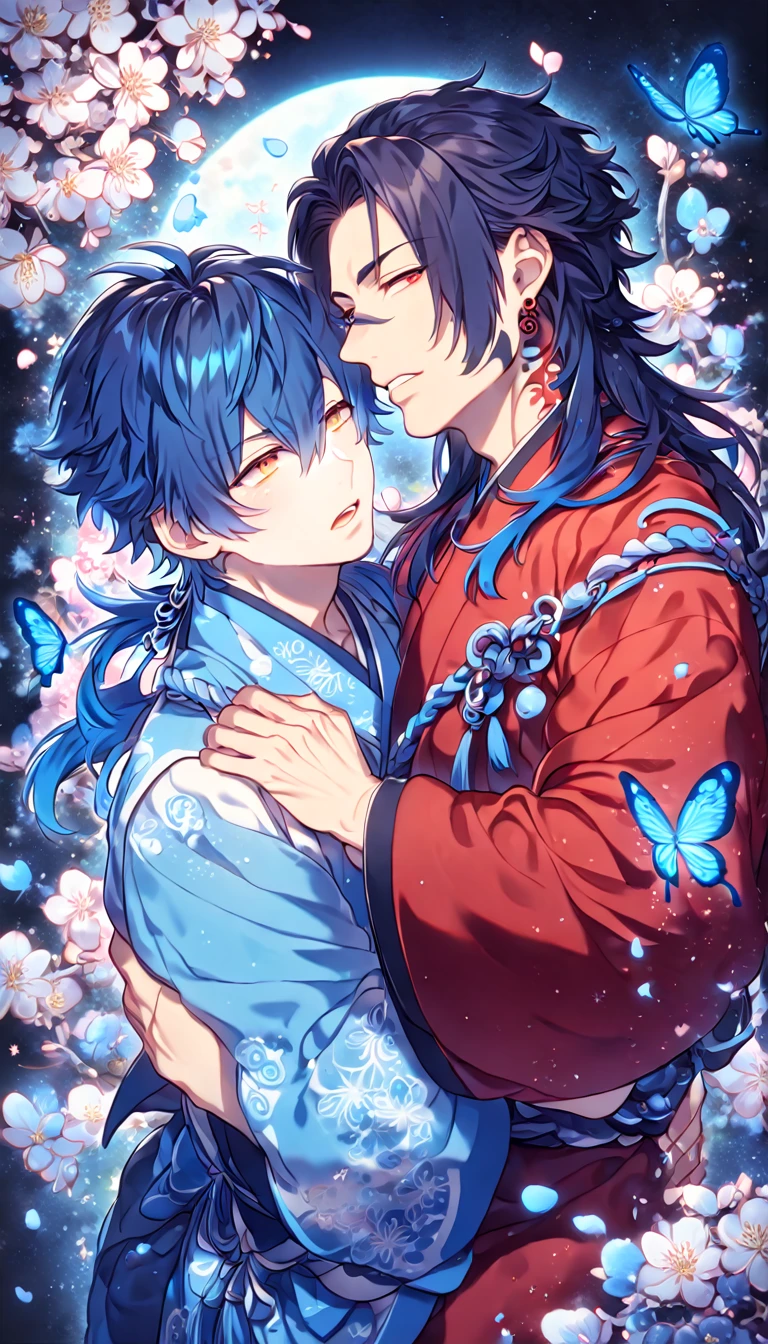 absurdres, highres, ultra detailed, HDR, master piece, best quality, extremely detailed, Koujaku, dark navy hair that is short and a little chopped at the top, has a thick fringe over the right side of his face and keeps the rest tied, expressive red eyes, Dramatical Murder, Seragaki Aoba, blue hair, expressive yellow eyes, two sexy men together, yaoi, gay couple, handsome, manly man, red kimono with patterns, fantasy, magical, blue moon, blue flowers, blue butterflies, blue petals, blossoms, water