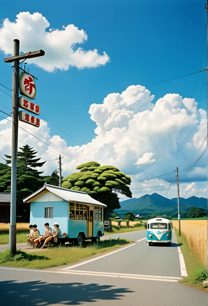 1960s Japanese countryside landscape, blue summer sky, cumulus clouds, cicada sounds, rural bus stop, nearby old-fashioned candy store, vintage signage, old three-wheeled vehicle, boys wearing baseball caps, summer vacation, boys in shorts and tank tops, professional lighting, professional camera