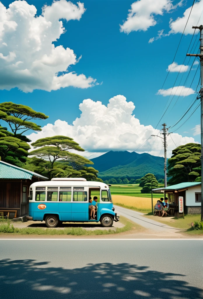 1960s Japanese countryside landscape, blue summer sky, cumulus clouds, cicada sounds, rural bus stop, nearby old-fashioned candy store, vintage signage, old three-wheeled vehicle, boys wearing baseball caps, summer vacation, boys in shorts and tank tops, professional lighting, professional camera