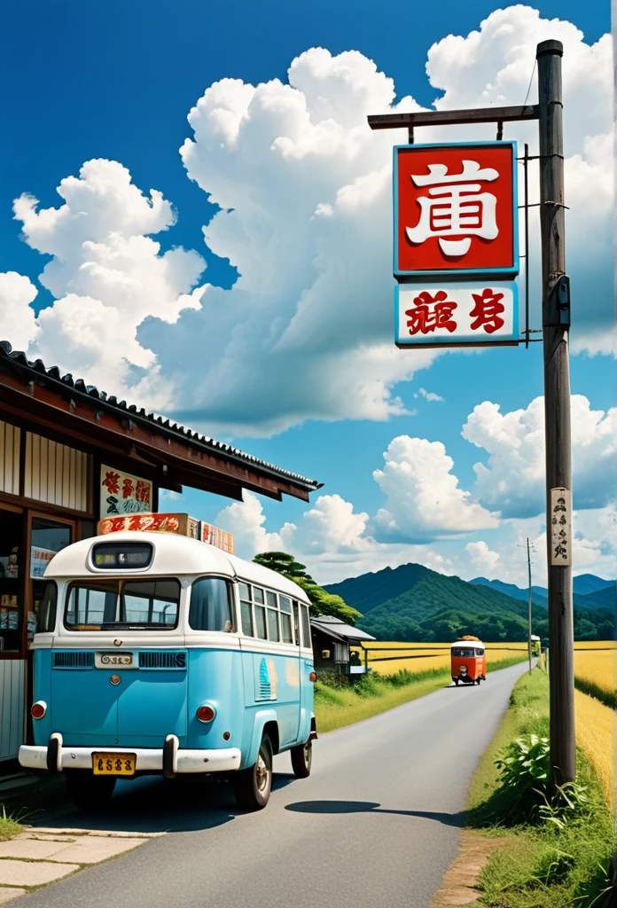 1960s Japanese countryside landscape, blue summer sky, cumulus clouds, cicada sounds, rural bus stop, nearby old-fashioned candy store, vintage signage, old three-wheeled vehicle, boys wearing baseball caps, summer vacation, boys in shorts and tank tops, professional lighting, professional camera