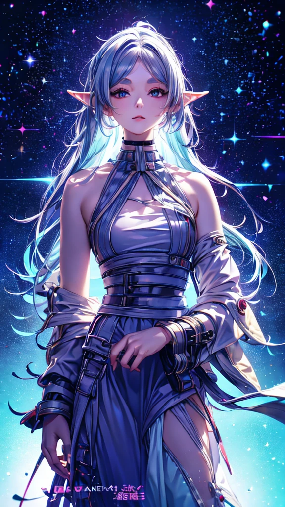 1 person, 20-year-old girl, One person, (Silver Hair), Long pointed ears、Elf、(Gradient sky blue hair tip:1.6), hair, Ridiculously long hair, Single Side Lock, Wavy Hair, Shine髪, Floating Hair, (Fantastic deep purple eyes), Delicate eyes, Aqua Eye, Very fine eye, Long upper eyelashes, ((Glowing Eyes)), compensate, Focus on the face, Highly detailed facial, Pretty face, Perfect breasts, Hot body, (Delicate skin texture:1.2), break, White extra long skirt, Fashion Clothing, necklace, Technical clothing masterpiece, on the road, Gazing at the starry sky, meteor, cyber punk, Detailed Background, The perfect layered cut, clean focus, (magazine:1.3), (Cover Style:1.3), Octane Rendering, Tyndall effect, Real, Dark studio, Side light, 2-color illumination, realism, Chiaroscuro, (Shine光), Shine, Ray Tracing, Cinema Lighting, Futurism, Motion Blur, Atmospheric perspective, Depth of written boundary, Bokeh, Highest quality, 超High resolution, Super Detail, masterpiece, High resolution, Accurate, retina, Anatomically correct
