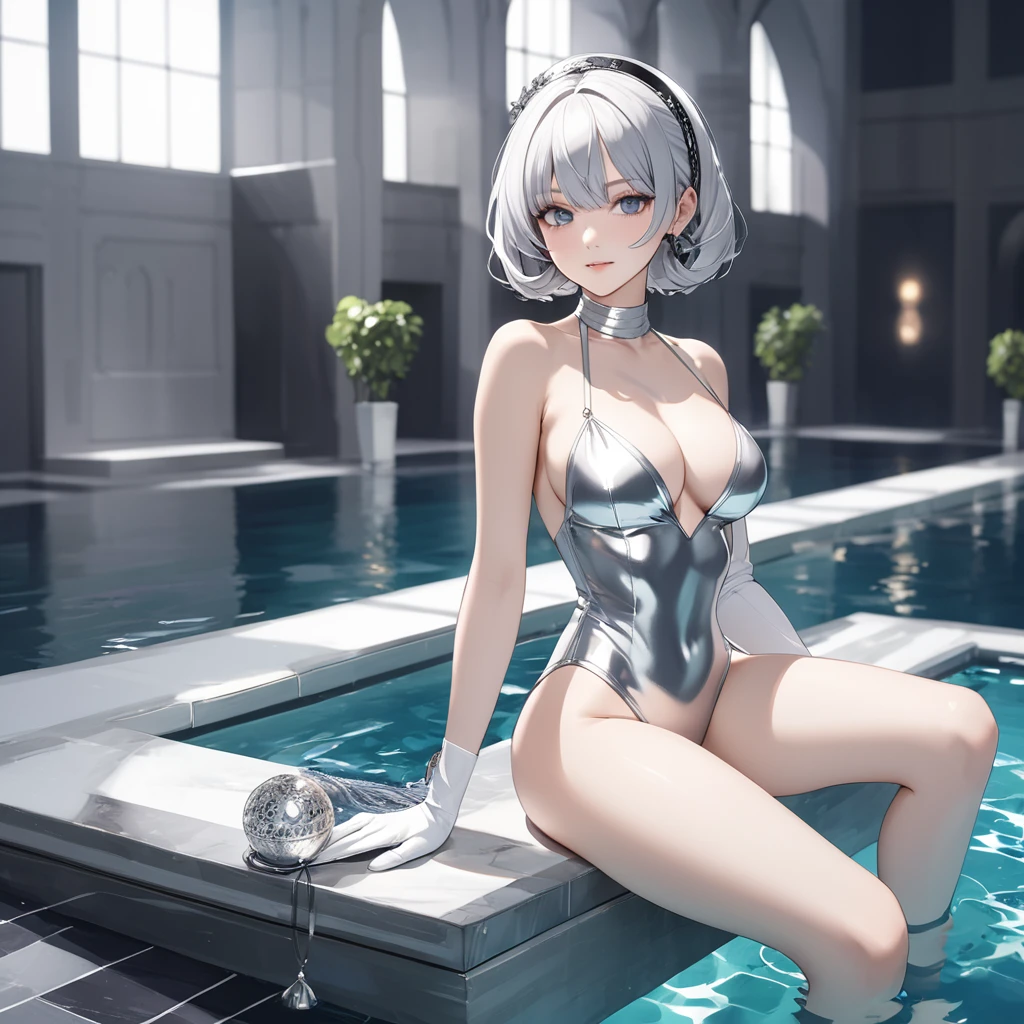 Nier Automata 2b、A beautiful tycoon pool with a very sexy silver swimsuit 