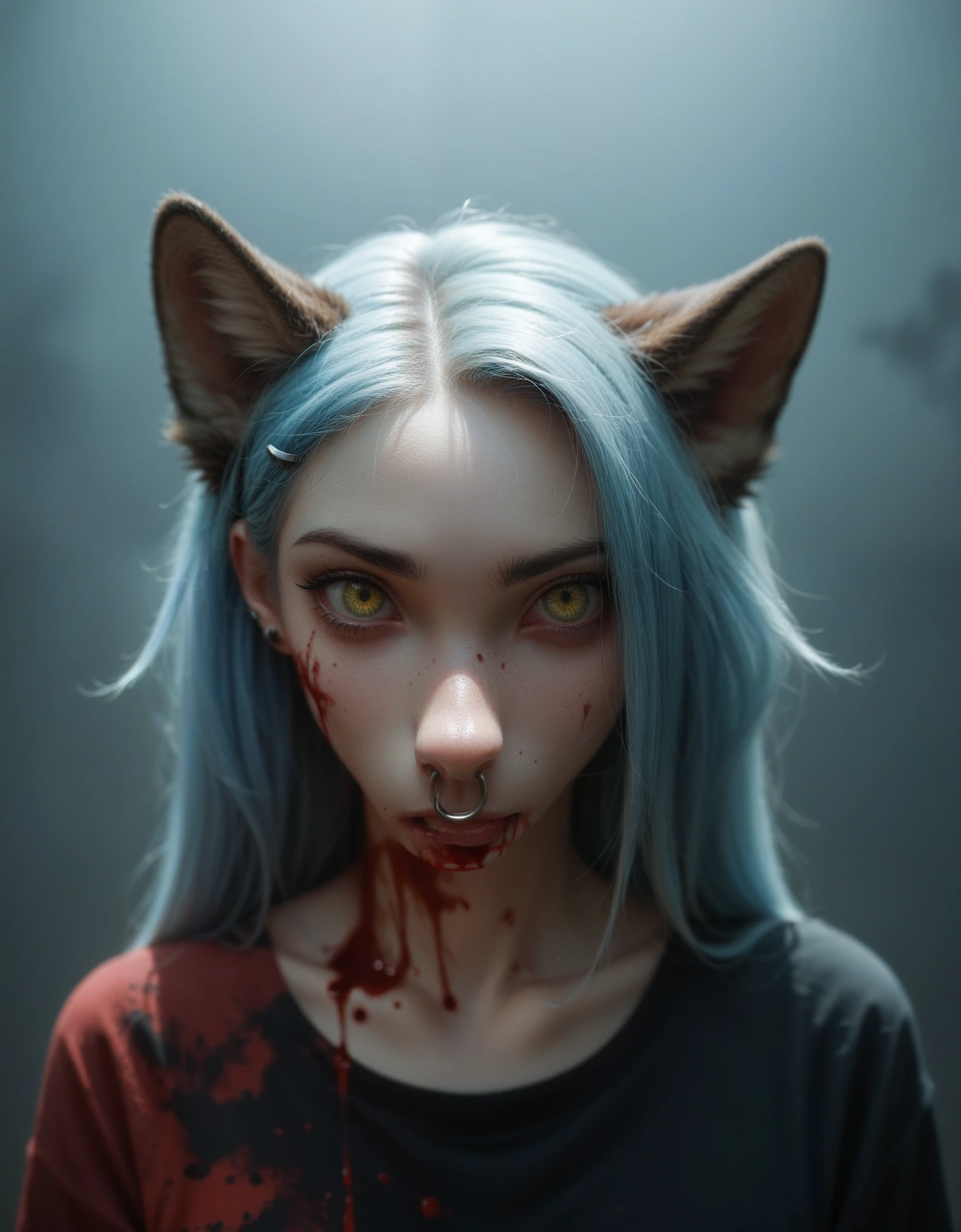 Digital illustration featuring a young woman with pale skin, light green eyes, and long, light blue hair adorned with black hairpins. She has a nose ring and multiple ear piercings, and her face is marked with blood streaks. The background is dark, and she is accompanied by a menacing black wolf with glowing yellow eyes and sharp, exaggerated teeth. The wolf's head is positioned close to her, creating a sense of eerie companionship. The overall style is dark and gothic, with a focus on contrast and dramatic lighting. In the bottom left corner, the text "ArtVision1999" is emblazoned in a bold, blood-red font, adding an extra layer of mystery to the ominous scene.