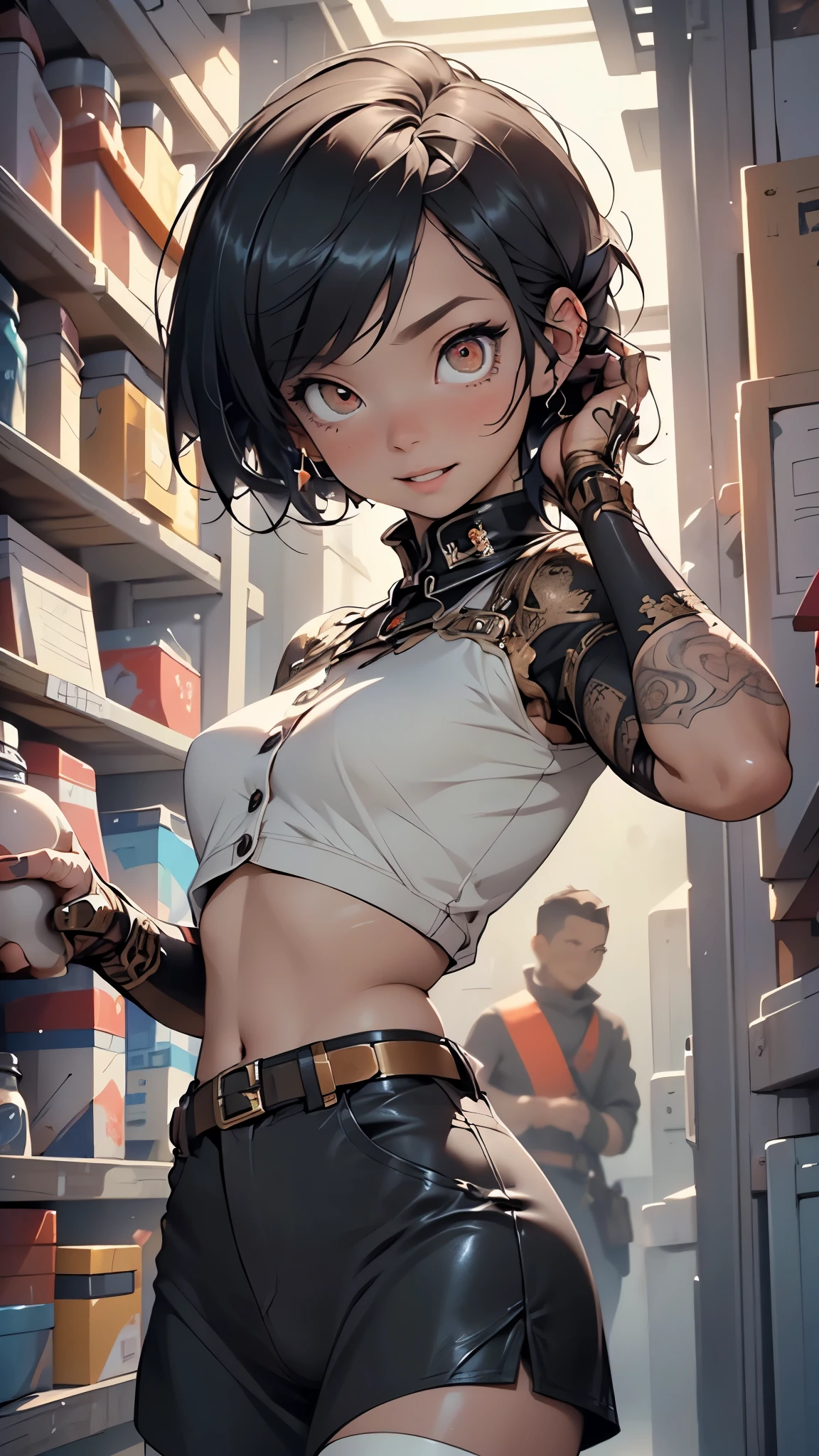 (((1boy))),man:1.5,1 man,(((1man))),((young man)),13 years old,

(((male gender:1.5,male focus))),

(((messy short hair, black hair))),(((lustrous skin:1.5,bright skin: 1.5,skin tanned,shiny skin,very shiny skin,shiny body,illuminated skin))),(((red_eyes:1.2))),intricate eyes,beautiful detailed eyes,symmetrical eyes,((man chest)),(((detailed face))),

 (little Penis, shimacos, crop top, microskirt, thighhighs, elbow gloves),((bulge in pants)),

(dynamic pose:1.0),solo focus,((happy expression)),(centered,scale to fit dimensions,Rule of thirds),

indoor((Nazi bunker,room, dark bunker, swastika,depths of a steampunk bunker)),scenery:1.25,((intricate scenery)),

(Glossy steampunk ornaments),highres,sharp focus,(ultra detailed,extremely detailed),(photorealistic artwork:1.37),(extremely detailed CG unity 8k wallpaper),(((vibrant colors,vibrant theme))),(intricate),(masterpiece),(best quality),artistic photography,(photography taken by sldr),(intricate background),perfect rendered face,perfect face details,realistic face,photo realistic,((intricate detail)),(((realism))),

