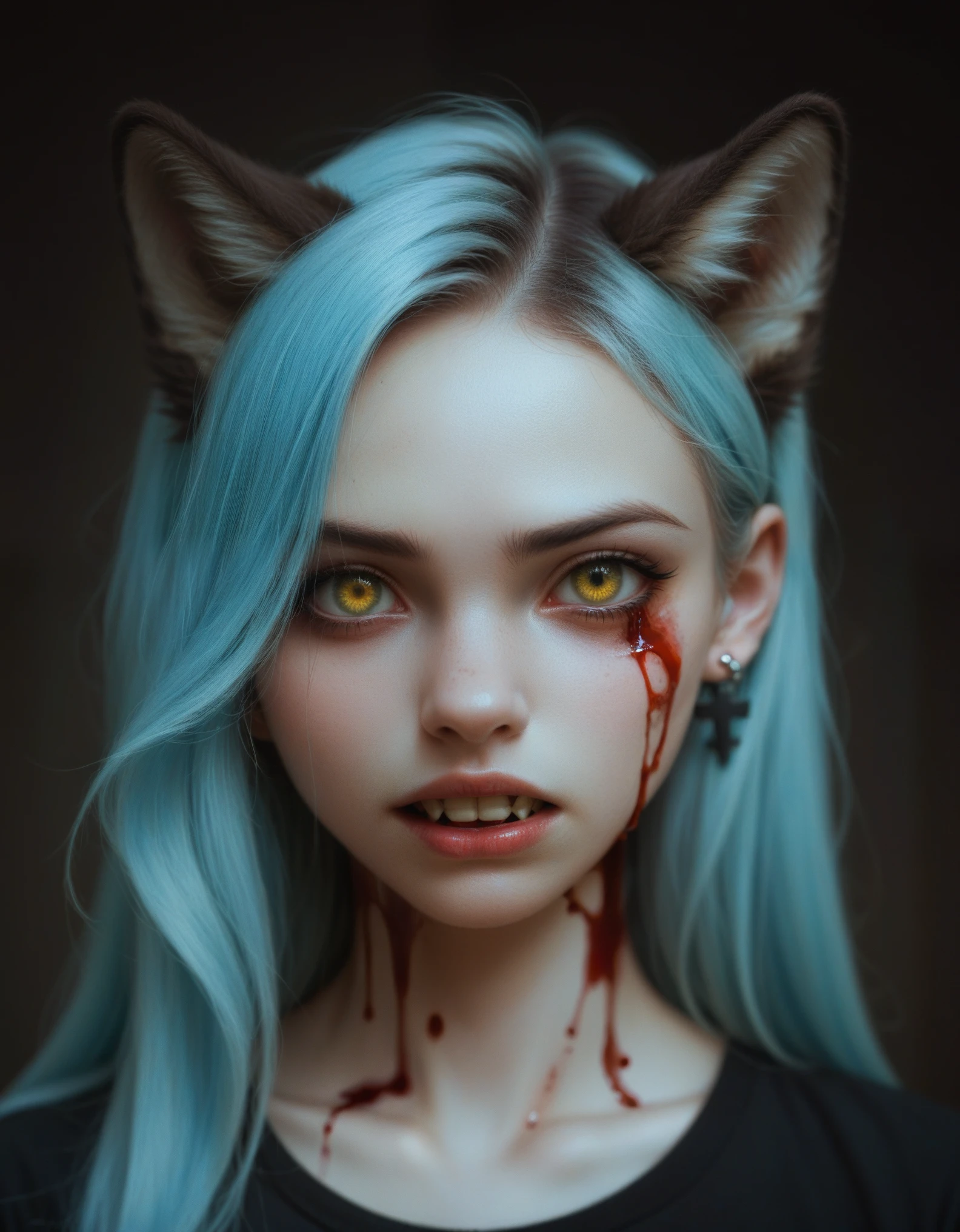 Digital illustration featuring a young woman with pale skin, light green eyes, and long, light blue hair adorned with black hairpins. She has a nose ring and multiple ear piercings, and her face is marked with blood streaks. The background is dark, and she is accompanied by a menacing black wolf with glowing yellow eyes and sharp, exaggerated teeth. The wolf's head is positioned close to her, creating a sense of eerie companionship. The overall style is dark and gothic, with a focus on contrast and dramatic lighting. In the bottom left corner, the text "ArtVision1999" is emblazoned in a bold, blood-red font, adding an extra layer of mystery to the ominous scene.